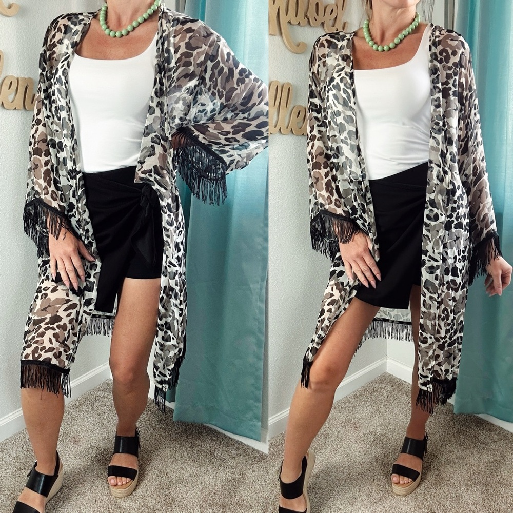 Leopard Print Kimono with Fringe size Large